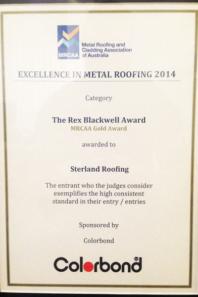 Excellence in Metal Roofing 2014 MRCAA Gold Award
